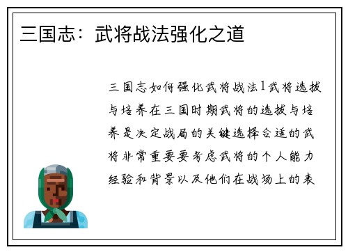 三国志：武将战法强化之道