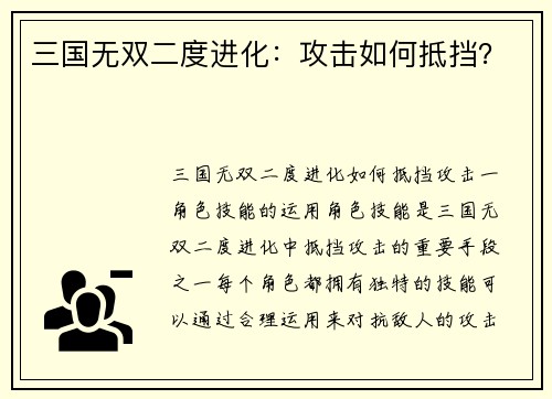 三国无双二度进化：攻击如何抵挡？
